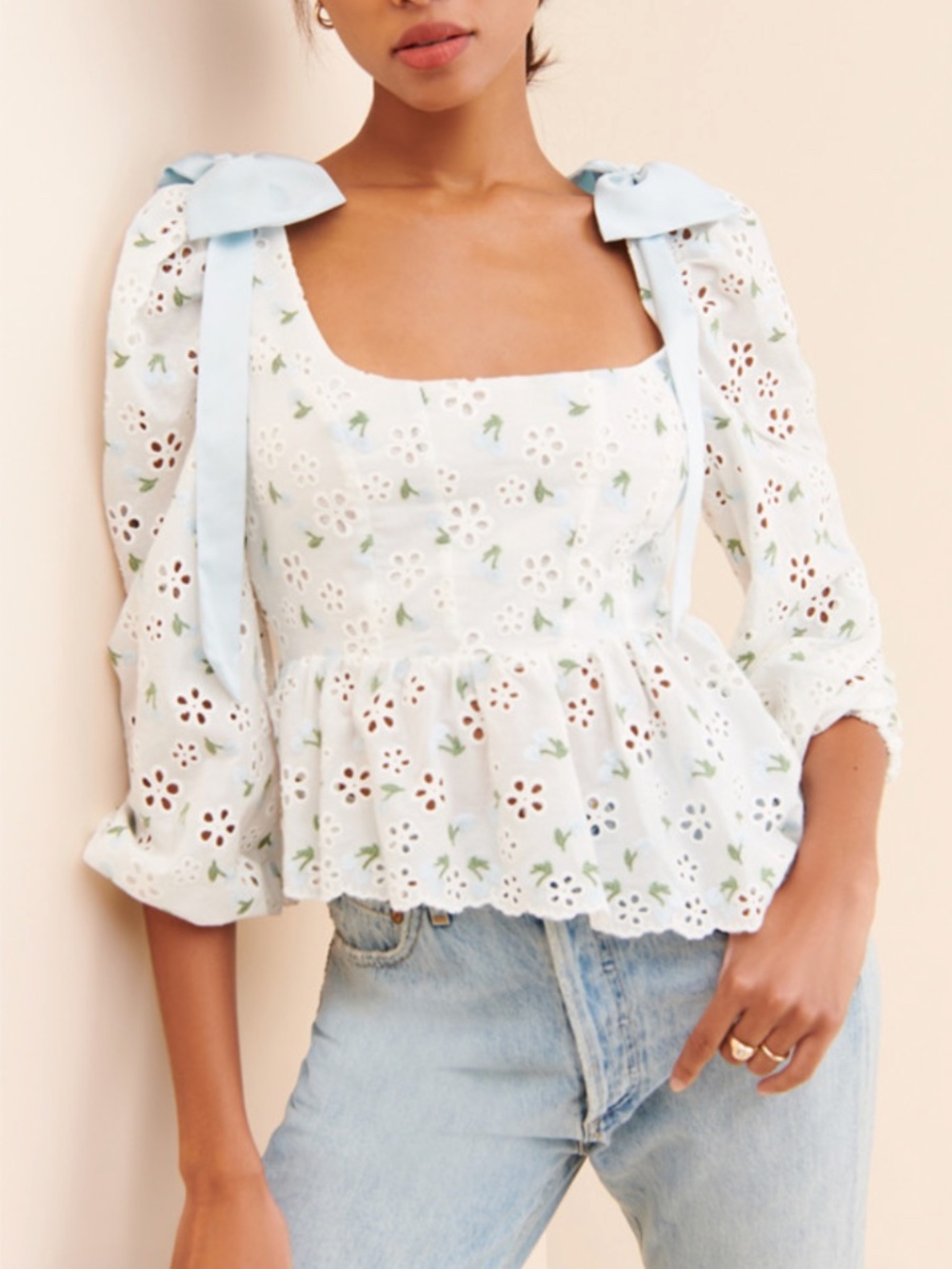 For Love And Lemons Wild Cherry Floral Lace Puff Sleeve Top